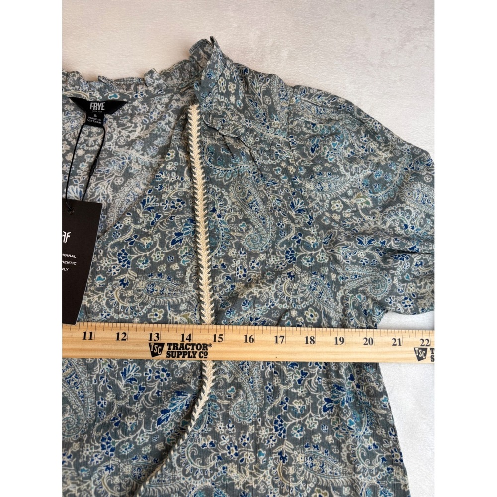 Frye Women's Small Paisley Print Long Sleeve Blouse Tie Neck Top Blue Boho New - Picture 7 of 9